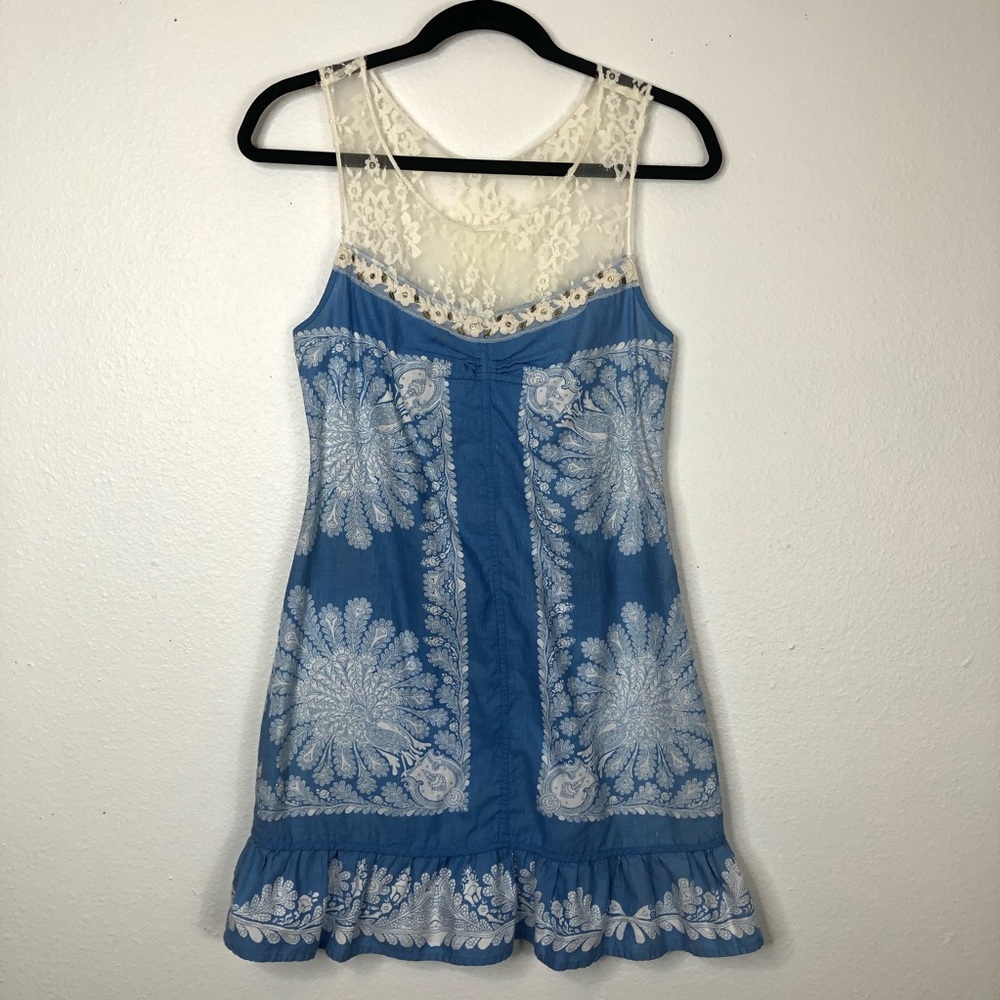 Free People Chambray mini dress lace detail boho bandana print sleeveless ruffle